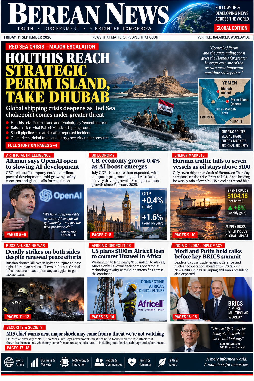 Berean News front page — Midday & Afternoon Edition, Friday, 11 September 2026